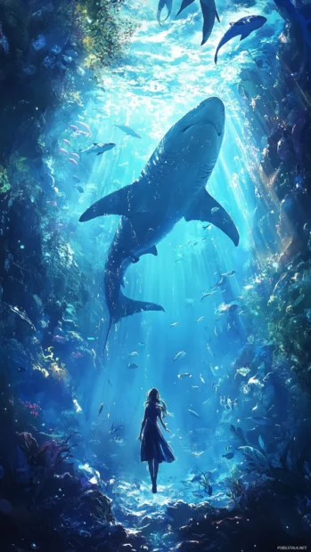 Whale shark peacefully swimming with trailing fish.