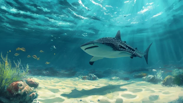 Whale shark swimming above sandy ocean floor.