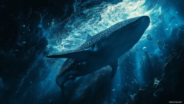 Whale shark turning near drop off zone in deep ocean.