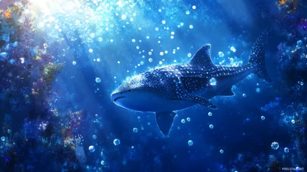 Whale shark wallpaper for desktop with light bubbles and serene underwater theme.