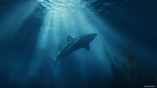 Whale shark wallpaper in soft natural lighting with ocean floor beneath.