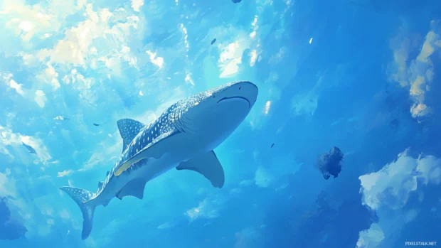 Whale shark wallpaper showing majestic creature gliding through crystal blue ocean.