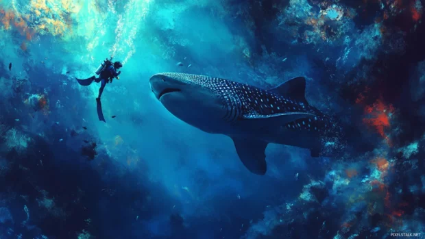 Whale shark wallpaper with scuba diver for scale in high resolution background.