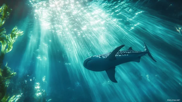 Whale shark wallpaper with underwater sunlight rays highlighting its pattern.