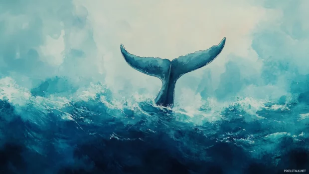 Whale tail emerging from deep watercolor ocean blue.