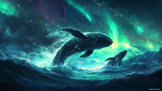 Whales breaching dramatically under glowing auroras.