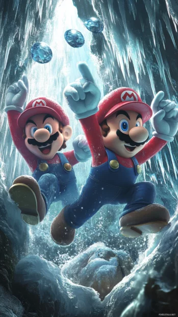 While sliding through an icy cave, Mario and Luigi dodge falling icicles in sync.