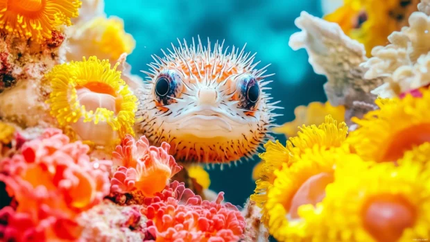 While swimming past bright coral and marine life, a curious pufferfish with its spiky body puffed up explores the ocean floor.
