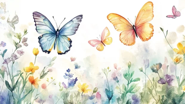 Whimsical Butterflies Dancing Across A Garden In Pastel Watercolor Wallpaper.