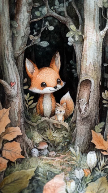 Whimsical Forest Animals Painted In Watercolor Hidden Among Trees.