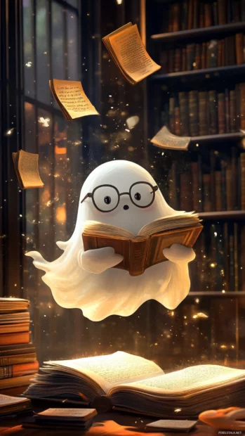 Whimsical Ghost iPhone Wallpapers where little ghosts wear oversized glasses and play with floating books.