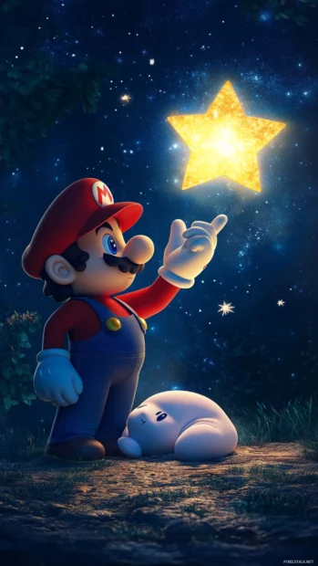 Whimsical Mario Star Wallpaper with Mario holding a sleeping Luma under a starry moon.