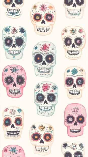 Whimsical Mexican skull wallpaper with cartoon sugar skulls in soft pastels.