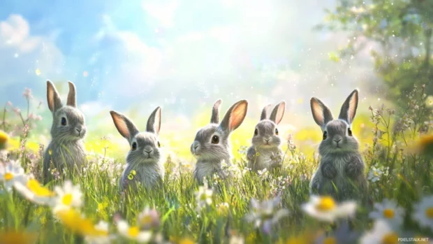 Whimsical Moving Animals Wallpapers of bunnies hopping through a spring meadow.