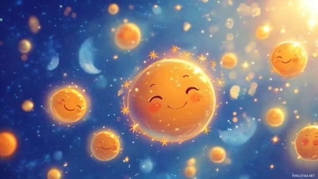 Whimsical Moving Cartoons wallpaper with smiling suns and moons in gentle rotation.