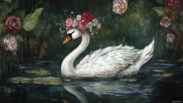 Whimsical Swan with floral crown floating on pond.