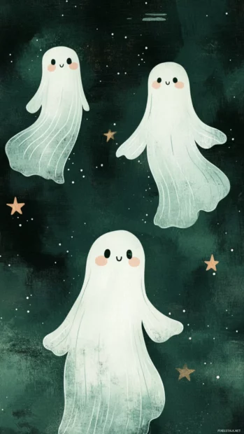 Whimsical aesthetic ghosts with sleepy faces and floating stars glide across dusty green.