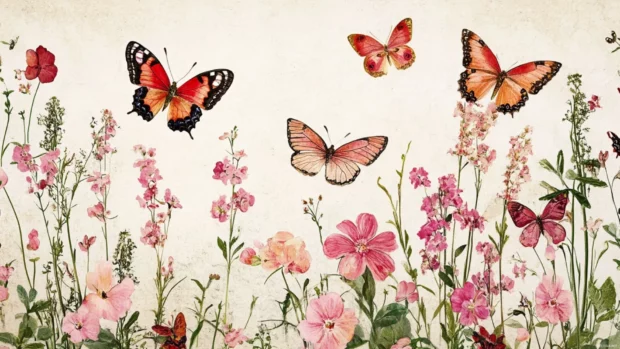 Whimsical butterfly garden with pink floral accents, a dreamy choice for feminine PC wallpapers.