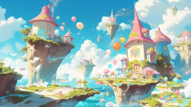 Whimsical cartoon wallpaper HD for desktop computer filled with candy houses and floating islands.