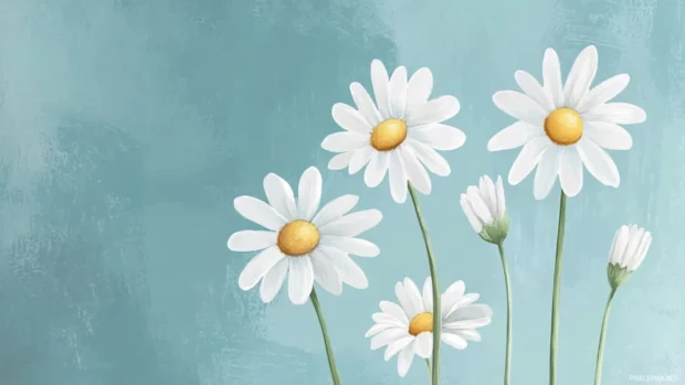 Whimsical daisies in cartoon style across dusty blue background.