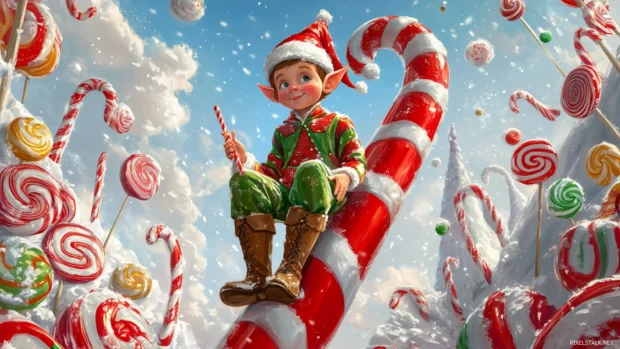 Whimsical elf on a candy cane, surrounded by lollipops and festive decorations.