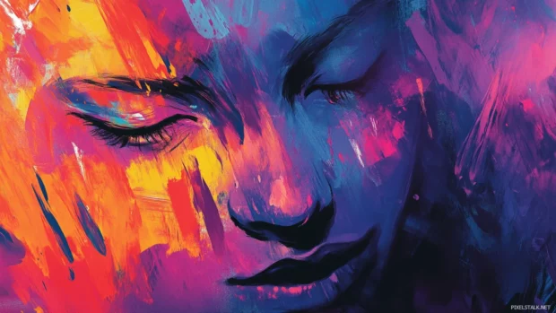Whimsical face drawn in chaotic brushstroke layers in vivid art graffiti wallpaper.