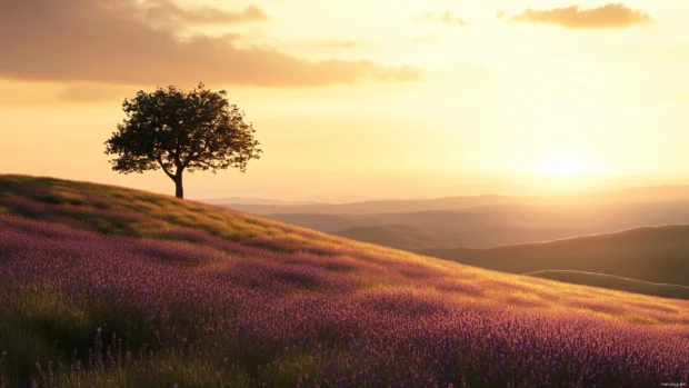 Whimsical field of lavender stretching into the horizon, with a lone tree standing tall under a golden sunset.