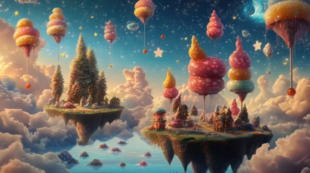 Whimsical girly dreamscape of floating islands and candy stars.