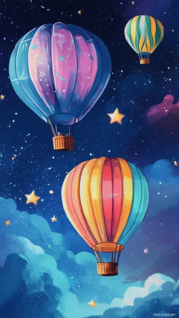 Whimsical hot air balloons drifting through starlight.