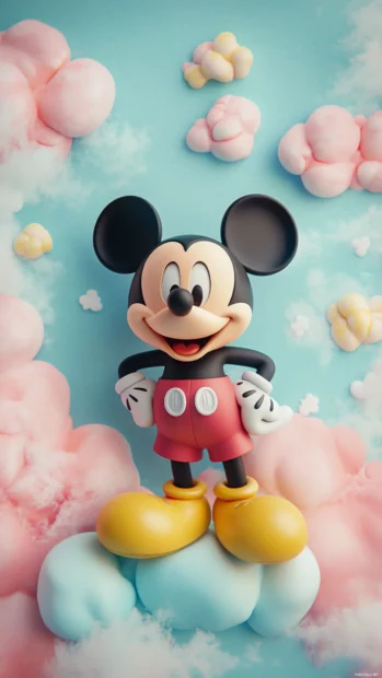 Whimsical pastel backdrop with cute Mickey Mouse figure, simple cartoon allure, Disney touch.