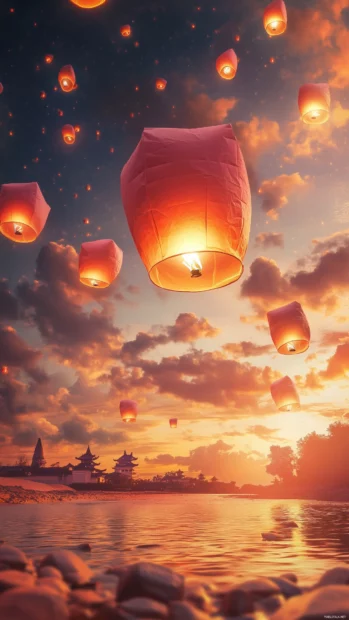 Whimsical scene, paper lanterns floating, twilight sky, warm glow blending, fading sunlight.