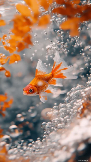 Whimsical scene, vibrant orange white goldfish, gracefully swimming, clear water, bubbles subtle reflections.