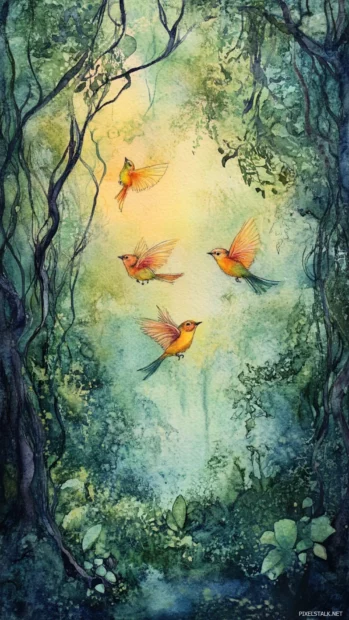 Whimsical watercolor bird scenery where finches flutter around an enchanted forest.