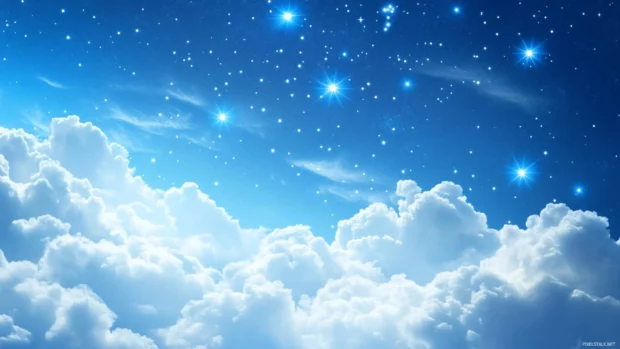 Whirling clouds pierced by shining blue stars.