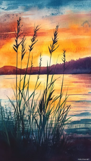 Whispering reeds along the lakeshore in the glow of a watercolor sunset.