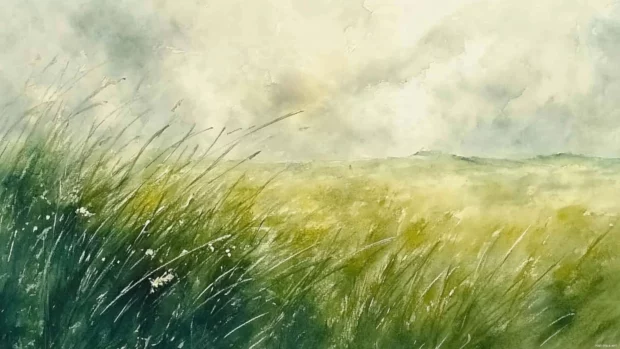 Whispering winds weaving through watercolor grassy fields.
