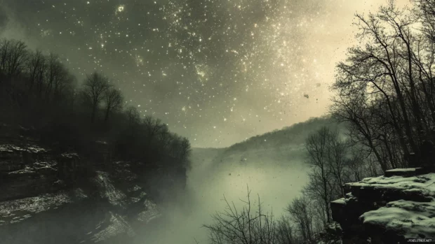 Whispers of black starry mist along canyon edges.