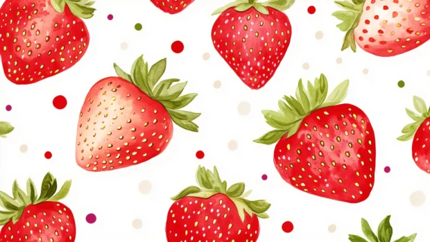 White background, spaced strawberries with dots, flat style, clean and simple design.
