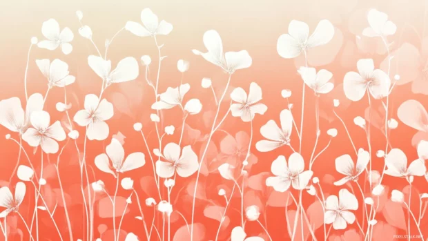 White floral silhouettes layered over gradient coral to cream background.