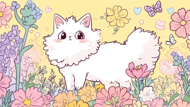 White fluffy cat with big eyes, flowers and butterflies, pastel cheerful vibe.