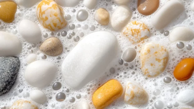 White foam washing over Pretty Ocean pebbles.