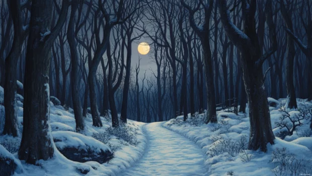 White path through winter woods at twilight.