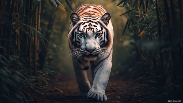 White tiger walking through bamboo grove.