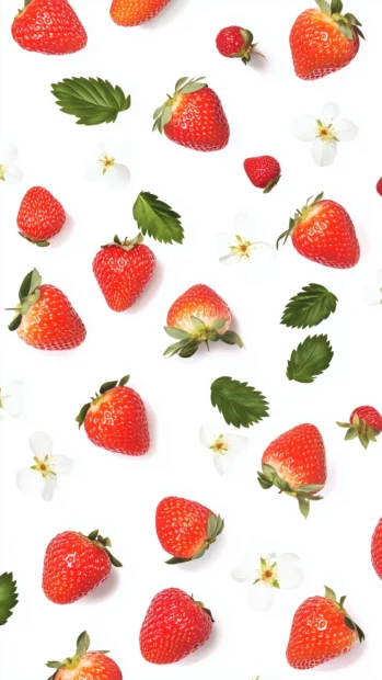 Whole strawberries, leaves, and blossoms scattered on a bright white background, clean style.