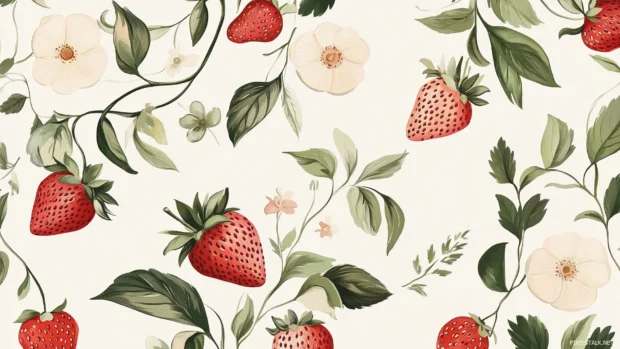 Whole strawberries, sliced strawberries, leaves, aesthetic pattern and soft cream background.