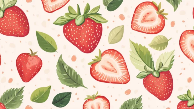 Whole strawberries, slices, green leaves, seamless layout, modern summer style.