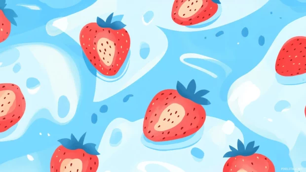 Whole strawberries, strawberry slices, pastel blue background, seamless pattern.