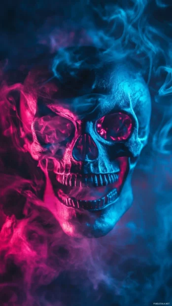 Wicked neon skull grinning through smoke.