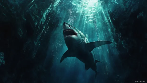 Wide angle view of great white shark approaching from the depths for shark wallpaper.