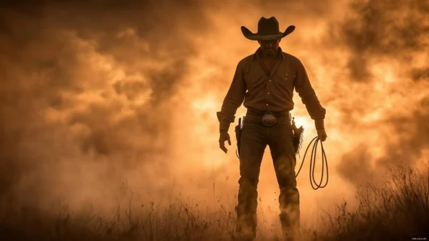 Wide brimmed hat cowboy, dusty trail, lasso held, sunset sky.